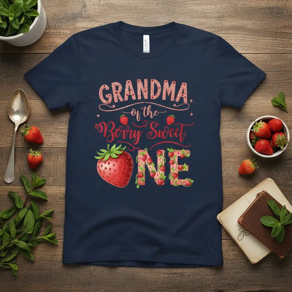 Grandma of the Berry Sweet One shirt featuring glitter text and strawberry illustrations for a first birthday celebration