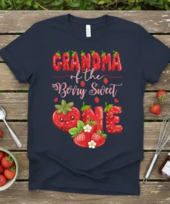 Grandma of the Berry Sweet ONE t-shirt with strawberry graphics and text for a first birthday celebration