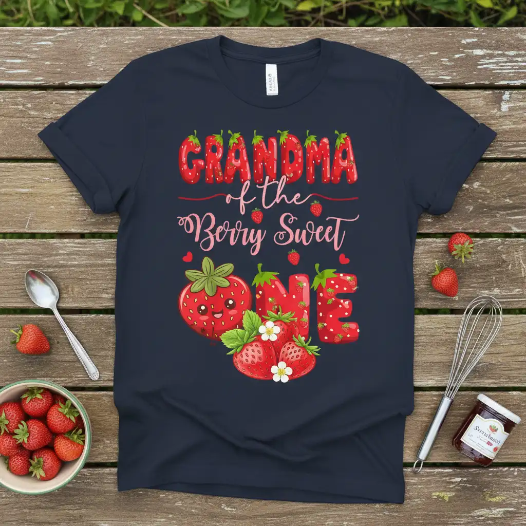 Grandma of the Berry Sweet ONE text with cute strawberry graphics and first birthday theme on a navy t-shirt