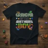 Grandma of the Birthday Boy text in pixelated font with game-inspired graphics and gems