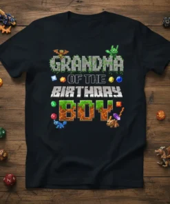 Grandma of the Birthday Boy text in pixelated font with game-inspired graphics and gems