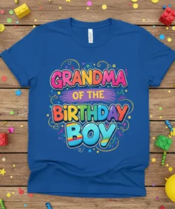 Grandma Of The Birthday Boy text in colorful, playful lettering on a blue t-shirt, celebrating a birthday boy