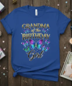 Grandma of the Birthday Girl text with colorful butterfly graphic on a royal blue t-shirt