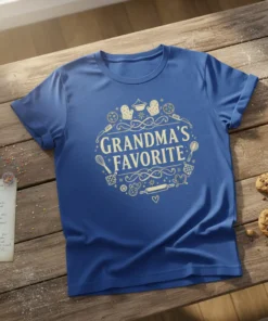 Grandma's Favorite t-shirt design with baking icons like rolling pins and cookies. Features text "GRANDMA'S FAVORITE" in a decorative circle