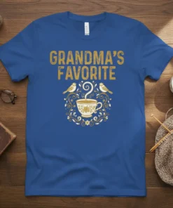 Grandma's Favorite t-shirt with gold text and a teacup with birds design