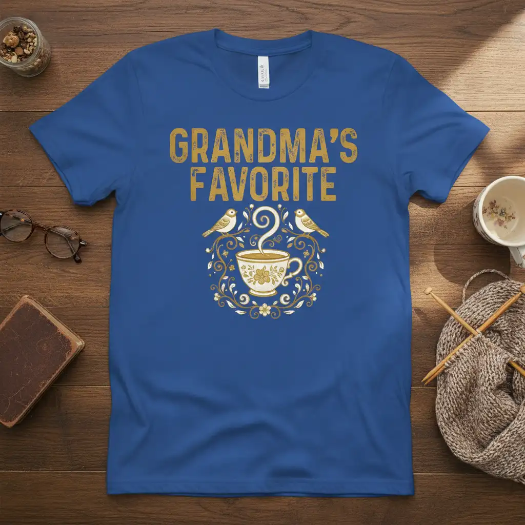 Grandma's Favorite text and teacup with birds graphic on a blue t-shirt