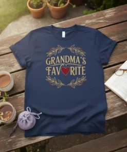 Grandma's Favorite text design with a red heart and laurel wreath on a navy t-shirt