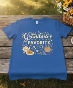Grandma's Favorite t-shirt with floral accents, tea, cookies, and knitting basket graphic