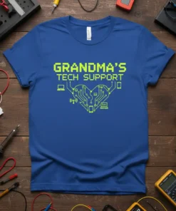 Grandma's Tech Support t-shirt design featuring pixelated text and a circuit board heart graphic with tech icons