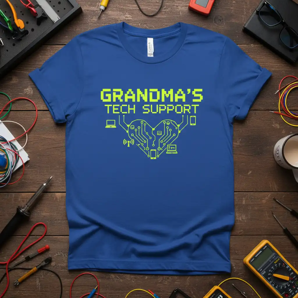 Grandma's Tech Support t-shirt design with pixelated text and circuit board heart graphic icons