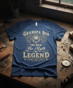 Grandpa Bob The Man The Myth The Legend t-shirt with a lion graphic and vintage typography