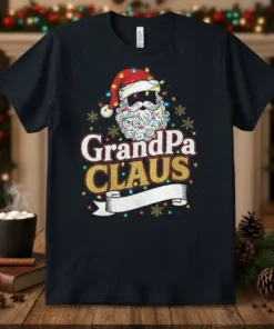 GrandPa CLAUS Christmas T-Shirt featuring a Santa graphic with festive lights and snowflakes