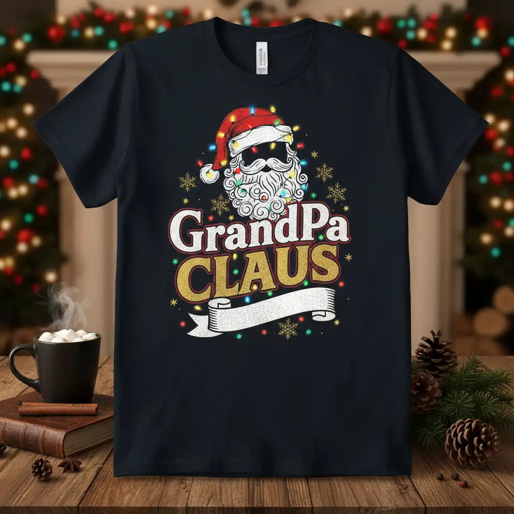 GrandPa CLAUS festive Christmas t-shirt design with Santa Claus graphic and holiday lights