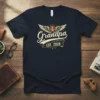Grandpa EST. 2026 design with wings and anchor on a navy t-shirt