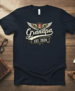 Grandpa EST. 2026 design with wings and anchor on a navy t-shirt