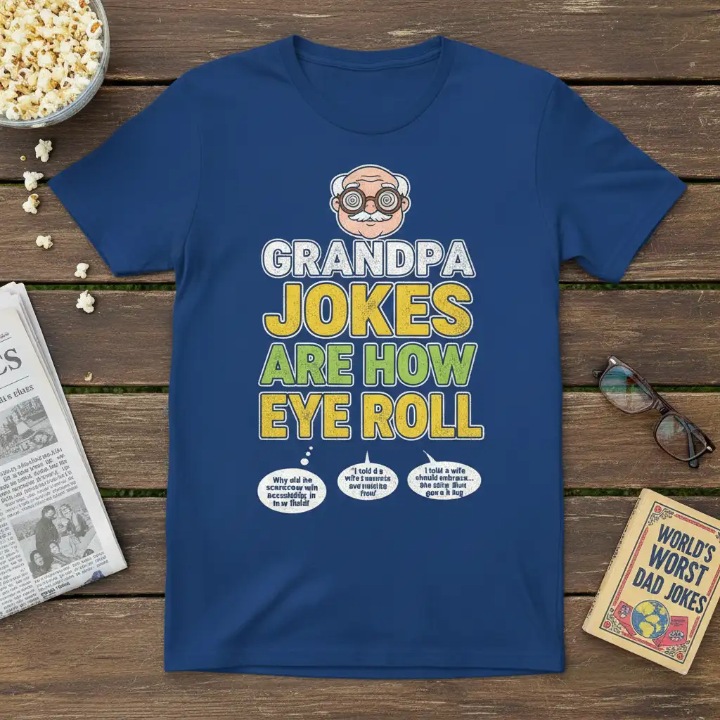 Grandpa Jokes Are How Eye Roll funny quote tee with cartoon grandpa and joke bubbles