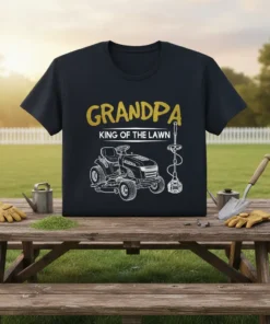 Grandpa King of the Lawn t-shirt design featuring a riding lawn mower and string trimmer graphic