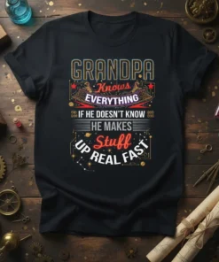 Grandpa Knows Everything If He Doesn't Know He Makes Stuff Up Real Fast quote t-shirt design in bold typography and