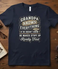 Grandpa Knows Everything If He Doesn't Know He Makes Stuff Up Really Fast quote on a navy t-shirt