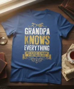 GRANDPA KNOWS EVERYTHING AND text design featuring detailed typography on quality t-shirt