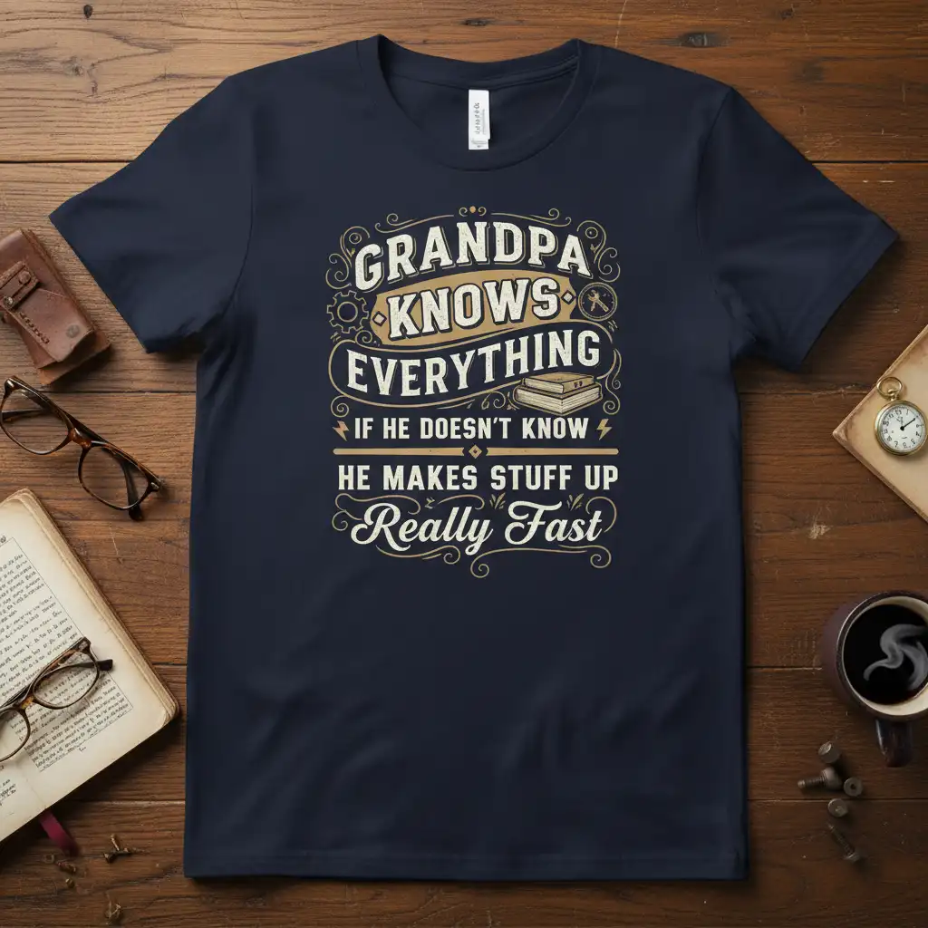 Grandpa Knows Everything If He Doesn't Know He Makes Stuff Up Really Fast quote on navy tee
