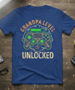 Grandpa Level Unlocked t-shirt design with a video game controller and battery bar graphic