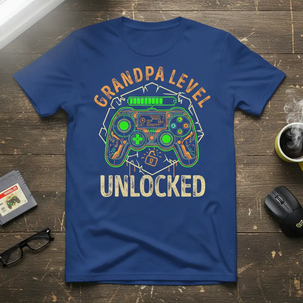 Grandpa Level Unlocked text with retro gaming controller graphic on a blue t-shirt