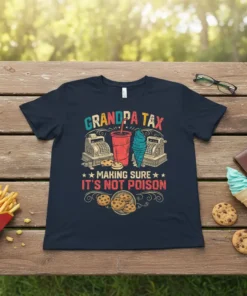 Grandpa Tax Making Sure It's Not Poison humorous quote t-shirt with vintage graphics of cash registers, ice cream, and cookies