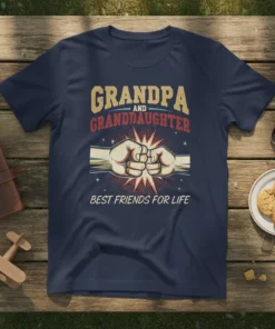 Grandpa and Granddaughter Best Friends For Life quote on a navy t-shirt with fist bump graphic