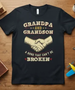 Grandpa and Grandson A Bond That Can't Be Broken text with handshake graphic on black t-shirt