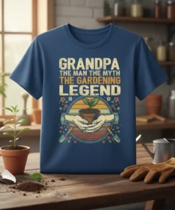 Grandpa The Man The Myth The Gardening Legend quote on a blue t-shirt, featuring gardening graphics and a plant