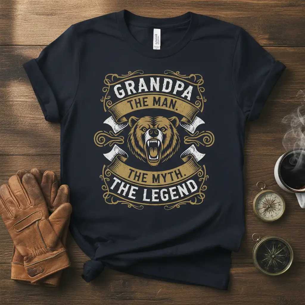Grandpa The Man The Myth The Legend quote with bear and axe graphic on a t-shirt