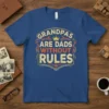 Grandpas Are Dads Without Rules text with wrench and crown graphics on a blue t-shirt