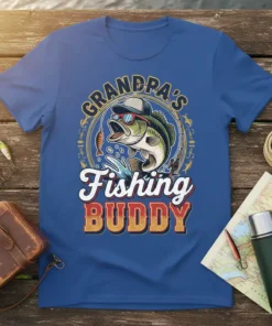 Grandpa's Fishing Buddy t-shirt design featuring a cool bass fish wearing sunglasses and a hat