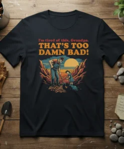 I'm tired of this, Grandpa. THAT'S TOO DAMN BAD! quote t-shirt design with grandpa and child digging in a desert