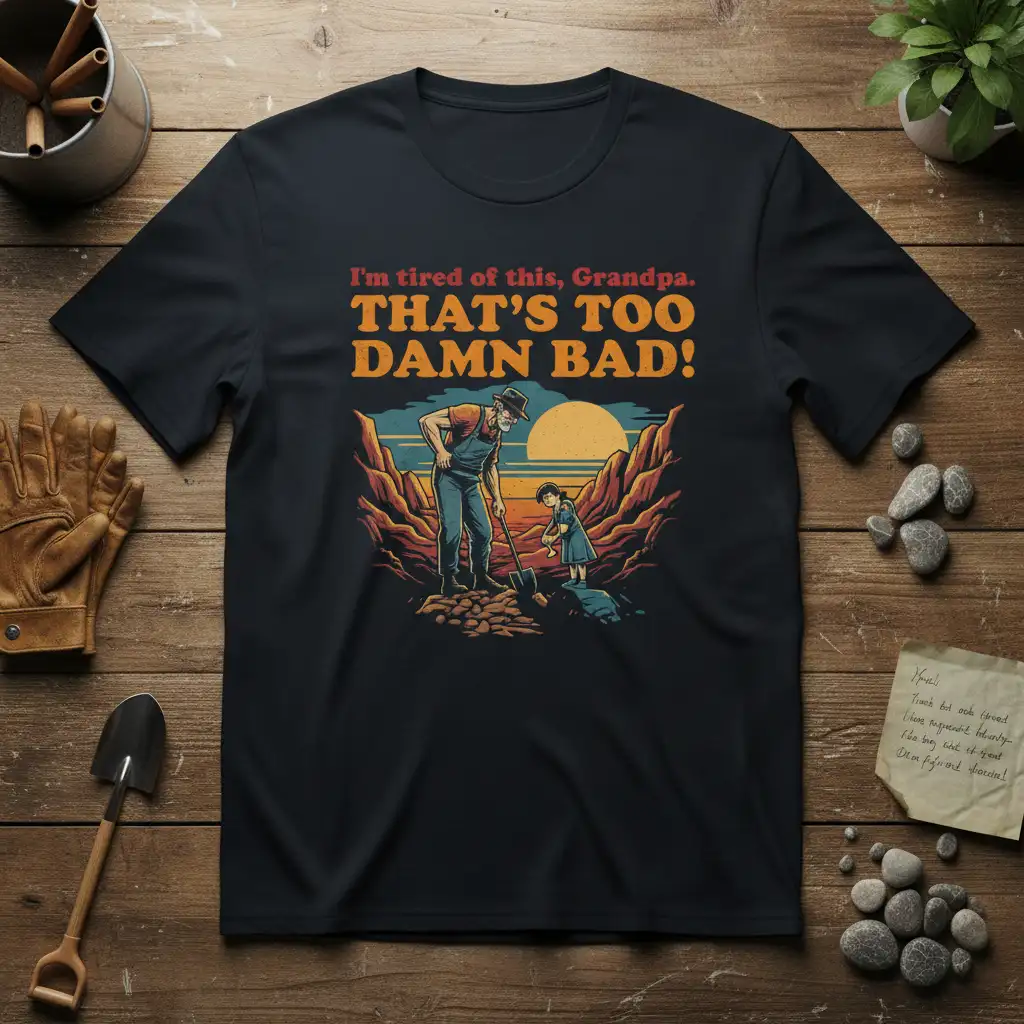 I'm tired of this, Grandpa. THAT'S TOO DAMN BAD! quote t-shirt featuring grandpa and child digging at sunset