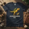 Grandpasaurus Rex t-shirt design featuring a T-Rex with two smaller dinosaurs, text reads "GRANDPASAUROUS REX"