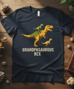 Grandpasaurus Rex t-shirt design featuring a T-Rex with two smaller dinosaurs, text reads "GRANDPASAUROUS REX"