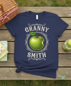 Granny Smith text with a green apple graphic on a navy blue t-shirt