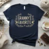 Granny's Favorite text in a floral wreath on a navy t-shirt, designed for grandmothers