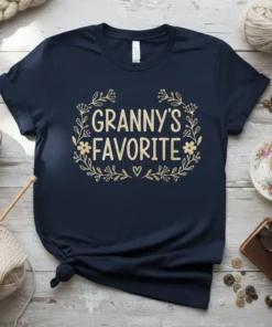 Granny's Favorite text in a floral wreath on a navy t-shirt, designed for grandmothers