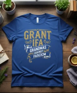 Blue t-shirt with "GRANT IFA GRANDMAS AGAINST FASCICM" text in distressed gold font, political statement design