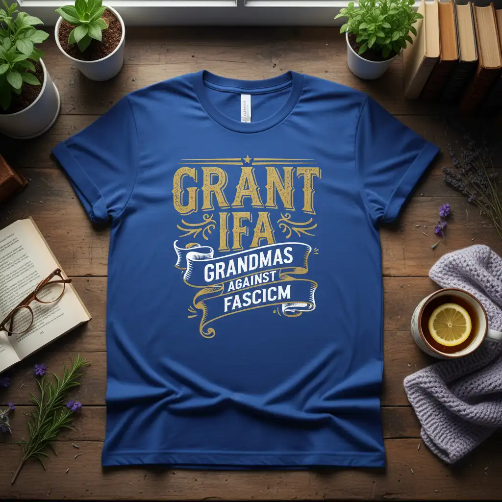 GRANT IFA GRANDMAS AGAINST FASCICM political statement tee in distressed gold font on blue fabric