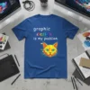 Graphic design is my passion t-shirt with a geometric cat face and colorful text