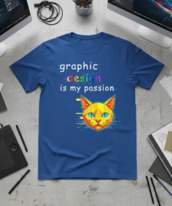 Graphic design is my passion t-shirt with a geometric cat face and colorful text