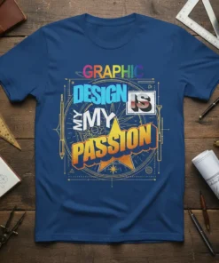 Graphic Design Is My Passion text with colorful typography and star graphic on a blue t-shirt