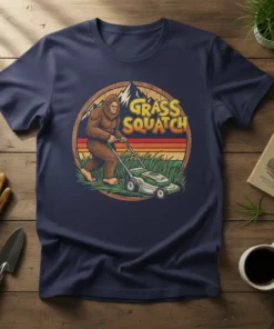 Grass Squatch t-shirt design with Bigfoot pushing a lawnmower, retro sunset background, mountains, and tall grass