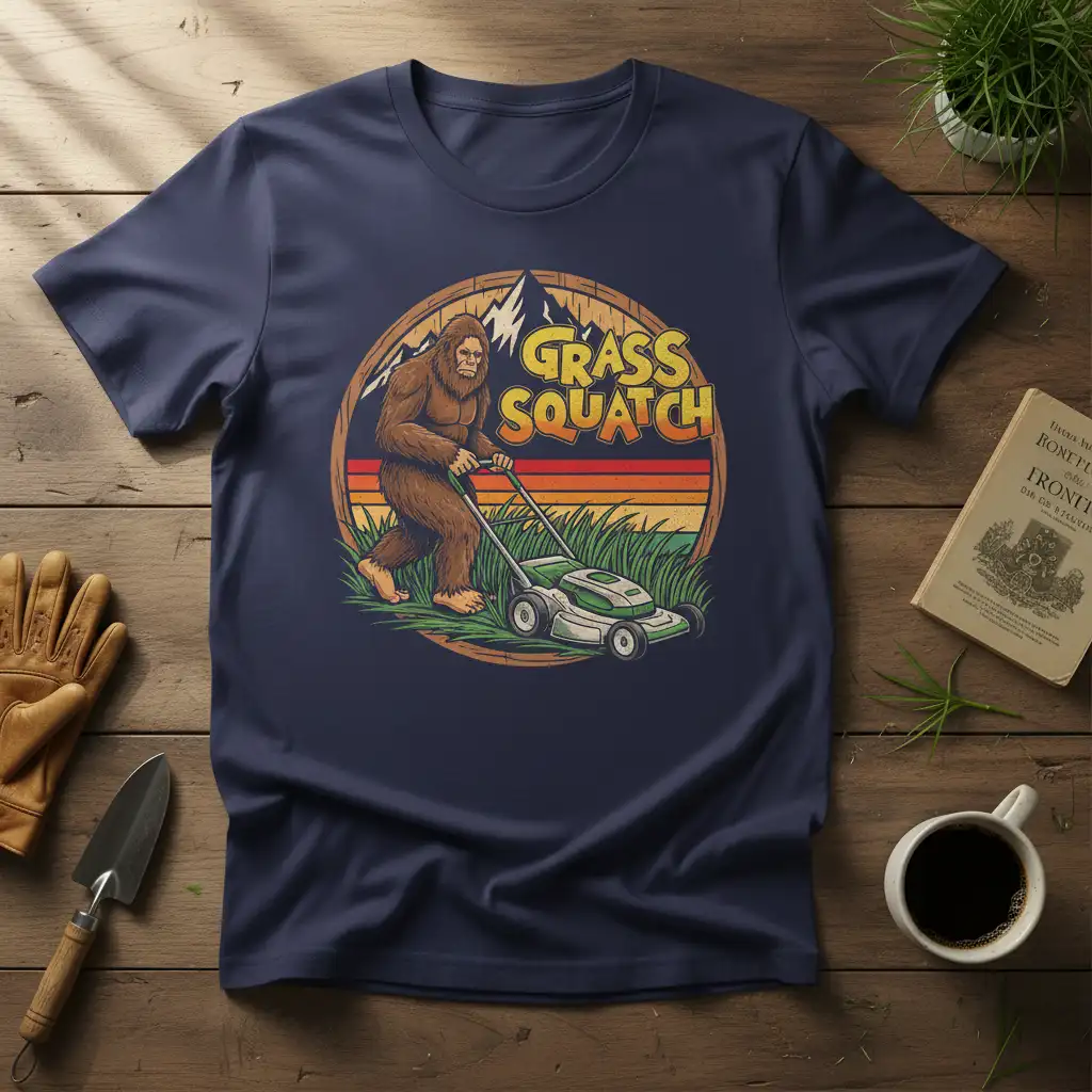 Grass Squatch t-shirt graphic showing Bigfoot mowing the lawn with a retro sunset and mountain backdrop