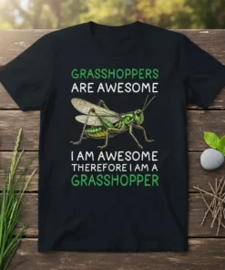 Grasshoppers Are Awesome I Am Awesome Therefore I Am A Grasshopper quote t-shirt with a green grasshopper graphic