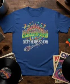 Grateful Dead Sixty Years So Far t-shirt design with psychedelic sun graphic and comet